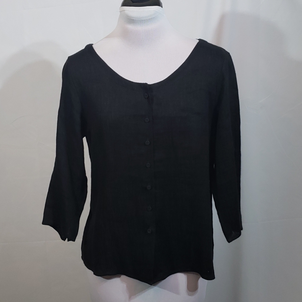 NWT Eileen Fisher Black Granito 3/4 Slv Top Small